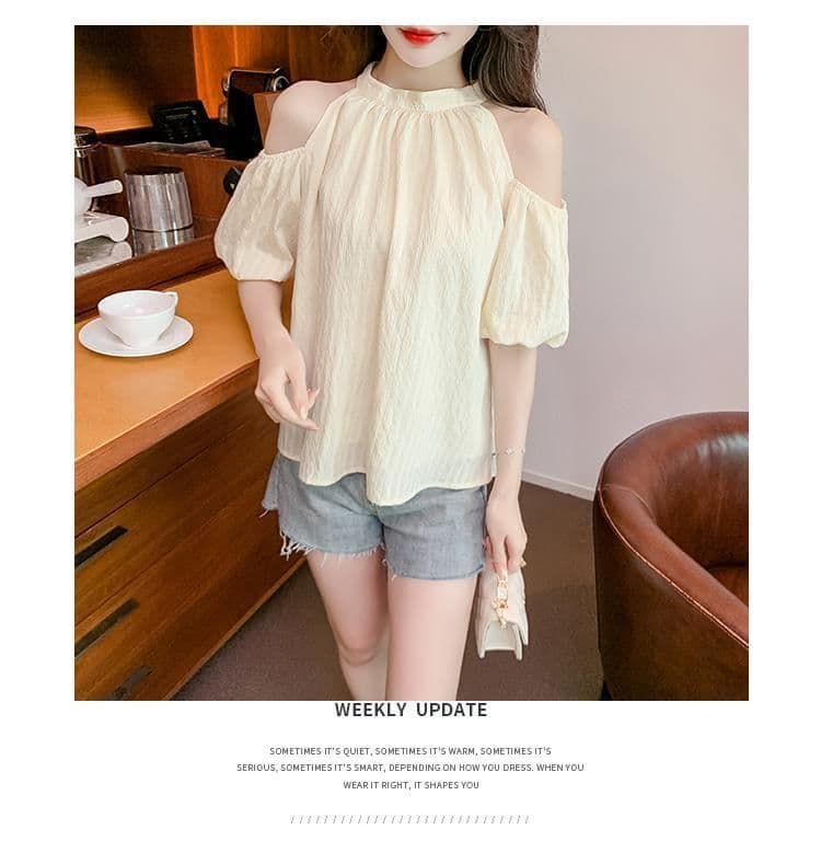 있음 선적 나비 넥타이 오프숄더 시폰 셔츠 여성 여름 달콤함 행침 목 거품 소매 작은 셔츠 루즈핏 맨위 상세 이미지 7