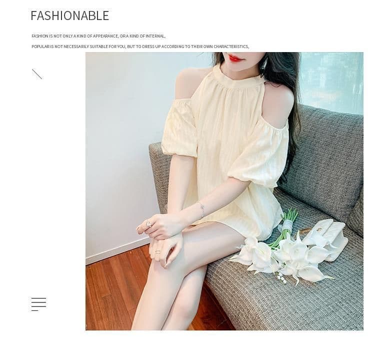 있음 선적 나비 넥타이 오프숄더 시폰 셔츠 여성 여름 달콤함 행침 목 거품 소매 작은 셔츠 루즈핏 맨위 상세 이미지 9