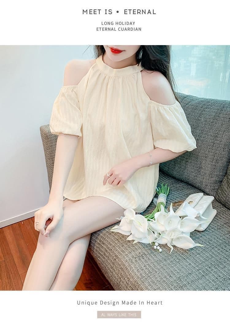 있음 선적 나비 넥타이 오프숄더 시폰 셔츠 여성 여름 달콤함 행침 목 거품 소매 작은 셔츠 루즈핏 맨위 상세 이미지 10