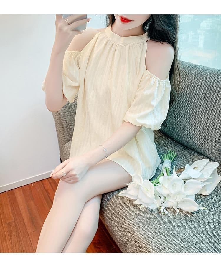 있음 선적 나비 넥타이 오프숄더 시폰 셔츠 여성 여름 달콤함 행침 목 거품 소매 작은 셔츠 루즈핏 맨위 상세 이미지 11