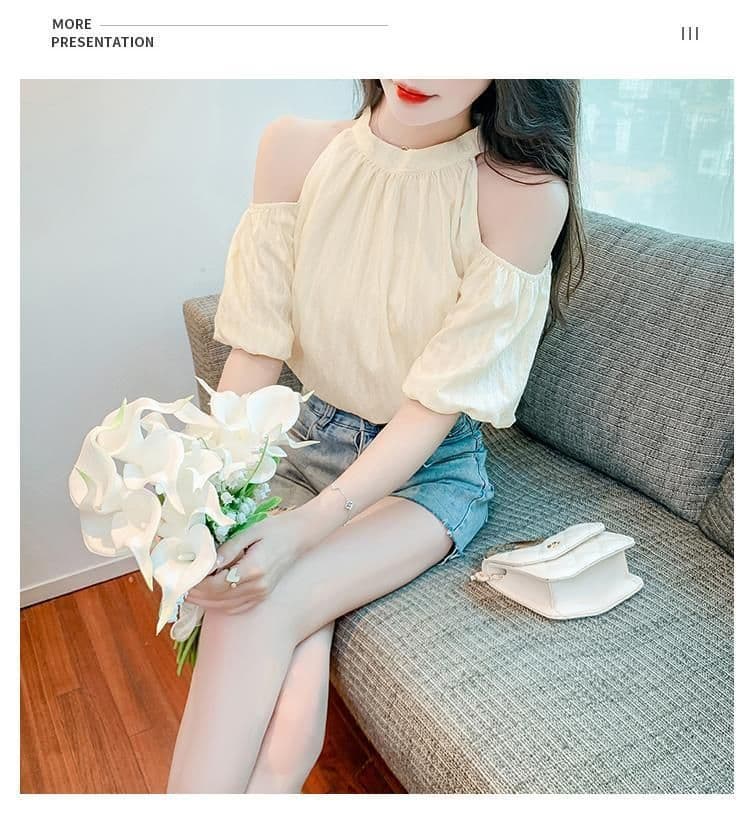 있음 선적 나비 넥타이 오프숄더 시폰 셔츠 여성 여름 달콤함 행침 목 거품 소매 작은 셔츠 루즈핏 맨위 상세 이미지 12