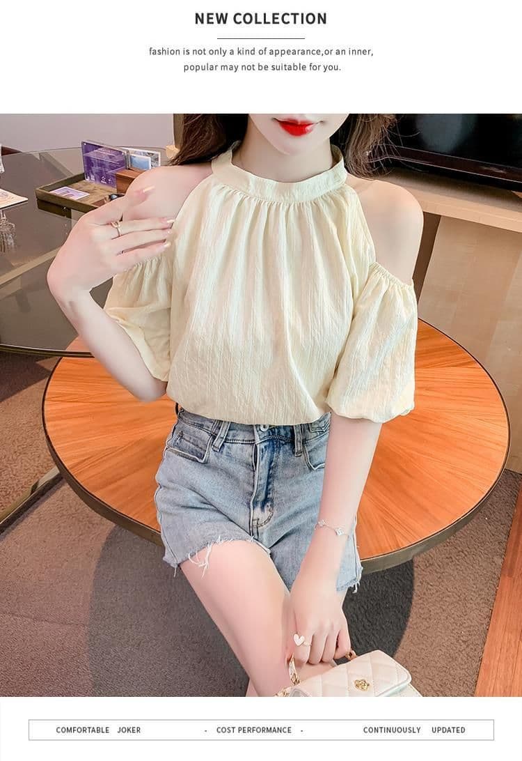 있음 선적 나비 넥타이 오프숄더 시폰 셔츠 여성 여름 달콤함 행침 목 거품 소매 작은 셔츠 루즈핏 맨위 상세 이미지 13
