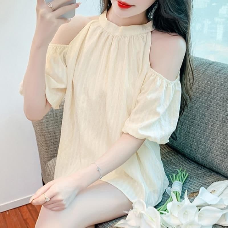 있음 선적 나비 넥타이 오프숄더 시폰 셔츠 여성 여름 달콤함 행침 목 거품 소매 작은 셔츠 루즈핏 맨위 상세 이미지 18