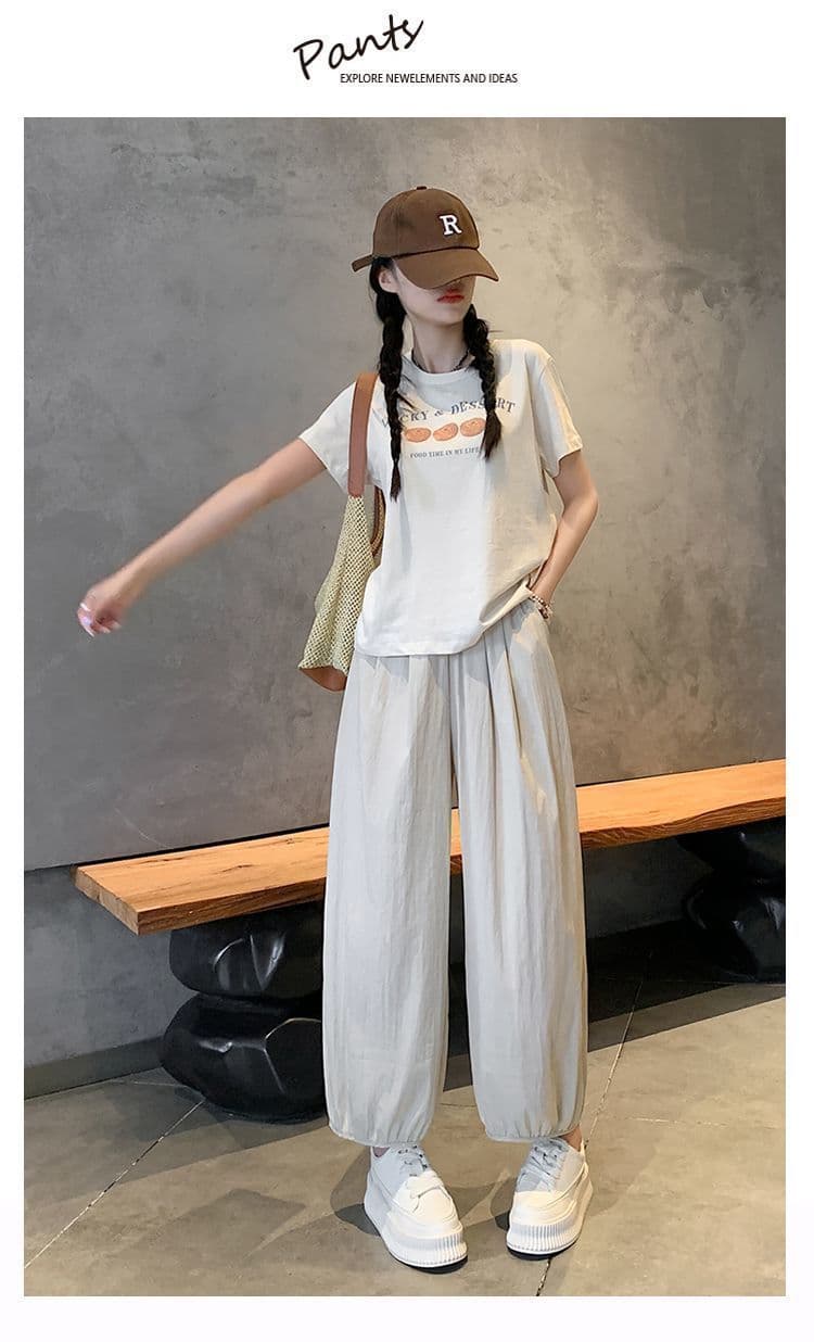 있음 선적 얼음 실크 운동 바지 여성 여름 얇은 스타일 하이웨이스트 슬림해 보이는 루즈핏 조거 웨이 바지 9 포인트 할란 배기 바지 상세 이미지 21