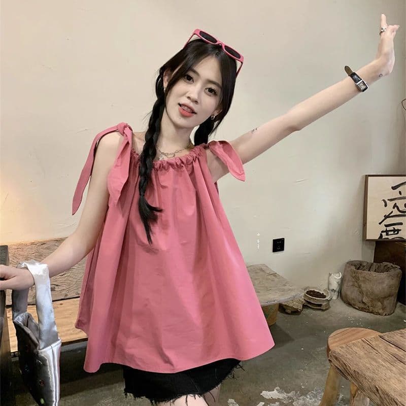 있음 선적 펌프 로프 캐미솔 여성 셔츠 여름 루즈핏 외출용 해변가 휴가 인형 셔츠 민소매 맨위 이미지 4