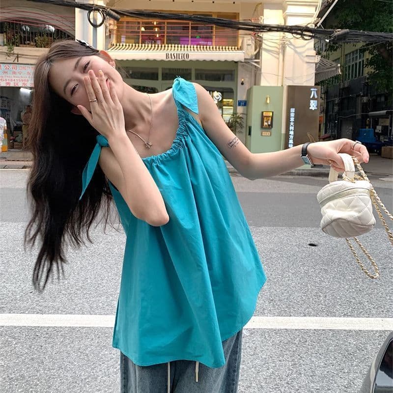 있음 선적 펌프 로프 캐미솔 여성 셔츠 여름 루즈핏 외출용 해변가 휴가 인형 셔츠 민소매 맨위 이미지 3