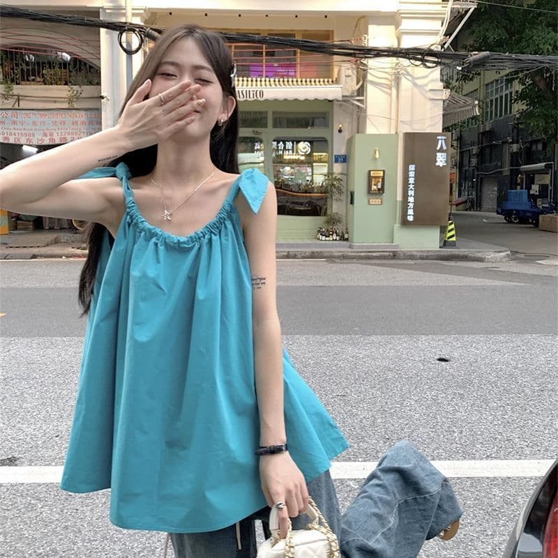 있음 선적 펌프 로프 캐미솔 여성 셔츠 여름 루즈핏 외출용 해변가 휴가 인형 셔츠 민소매 맨위 이미지 2
