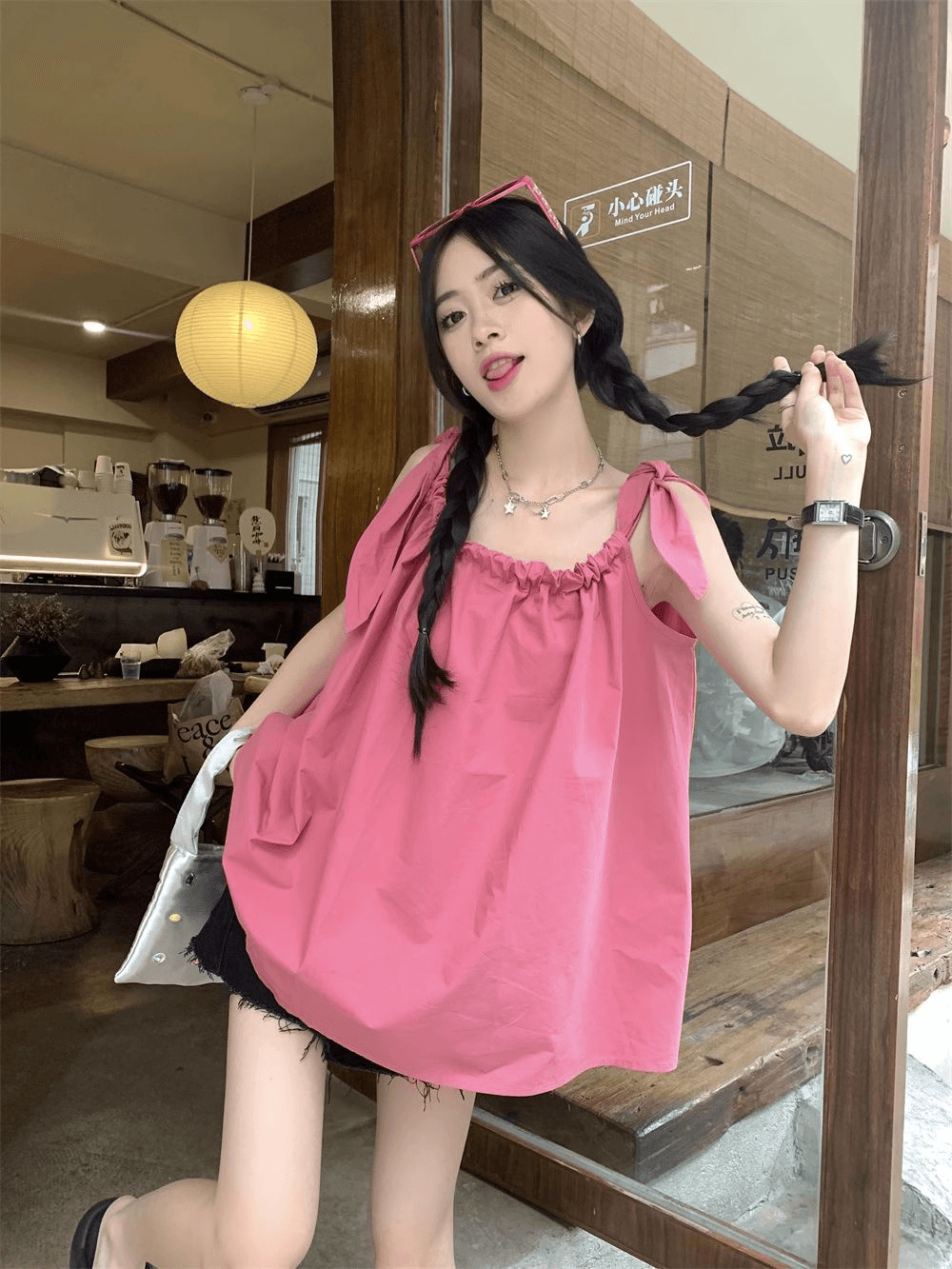 있음 선적 펌프 로프 캐미솔 여성 셔츠 여름 루즈핏 외출용 해변가 휴가 인형 셔츠 민소매 맨위 상세 이미지 8