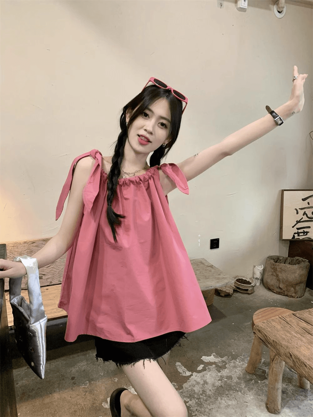 있음 선적 펌프 로프 캐미솔 여성 셔츠 여름 루즈핏 외출용 해변가 휴가 인형 셔츠 민소매 맨위 상세 이미지 10