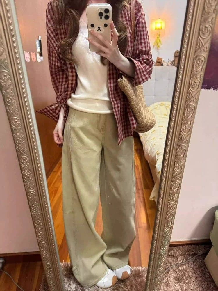 있음 선적 레트로 빨간색 격자 무늬 셔츠 여성 코트 얇은 스타일 루즈핏 느긋한 긴팔 자외선 차단 셔츠 맨위 이미지 4