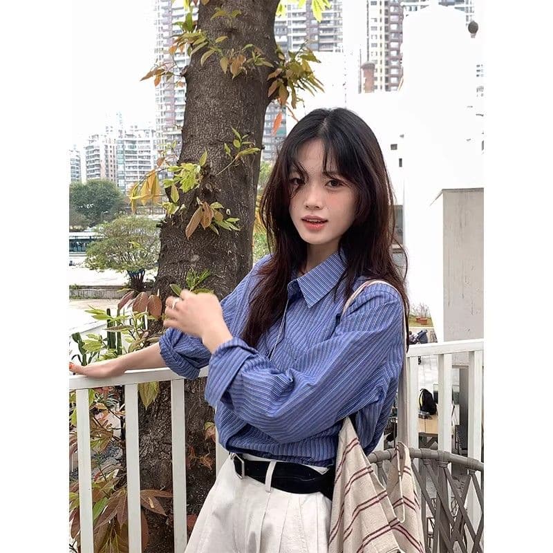 있음 선적 원본 워싱 면 100% 레트로 스트라이프 셔츠 디자인 센스 폴로 칼라 셔츠 얇은 스타일 긴팔 맨위 이미지 3