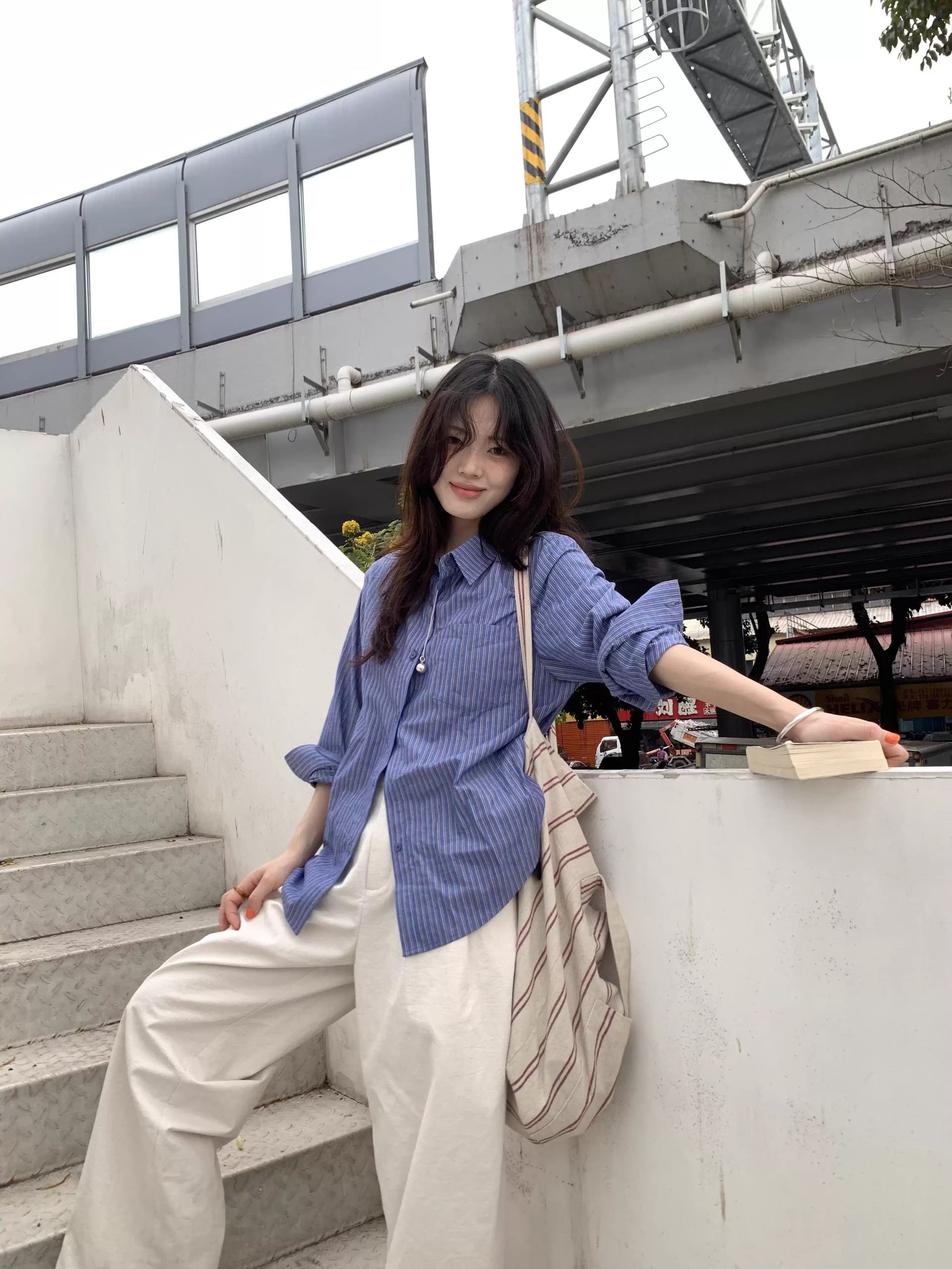 있음 선적 원본 워싱 면 100% 레트로 스트라이프 셔츠 디자인 센스 폴로 칼라 셔츠 얇은 스타일 긴팔 맨위 상세 이미지 6