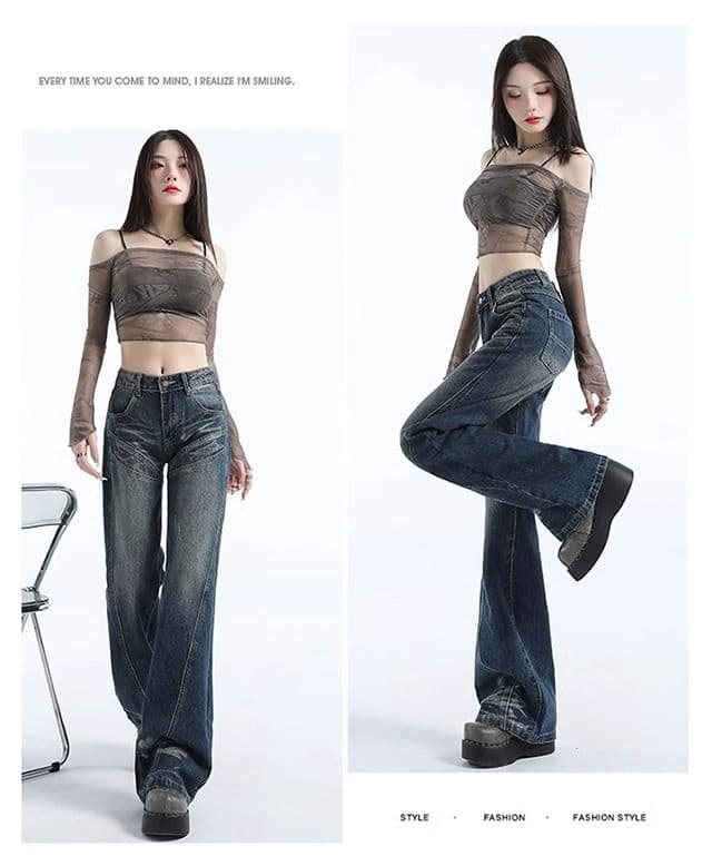 레트로 워싱 청바지 여성 가을 아메리칸 핫걸 로우 웨이스트 슬림해 보이는 와이드 레그 팬츠 디자인 센스 바닥 청소 바지 롱 바지 상세 이미지 2