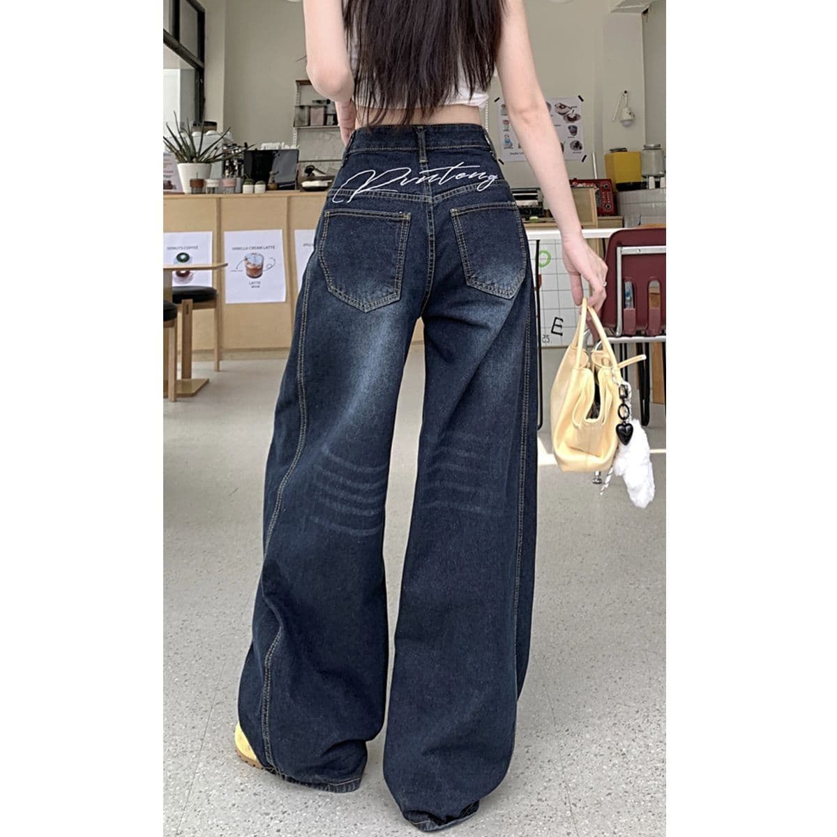 모통이 칼 아메리칸 레트로 자수 모통이 칼 청바지 여성 가을 겨울철 새로운 하이웨이스트 넓은 다리 루즈핏 스트레이트 팬츠 이미지 3