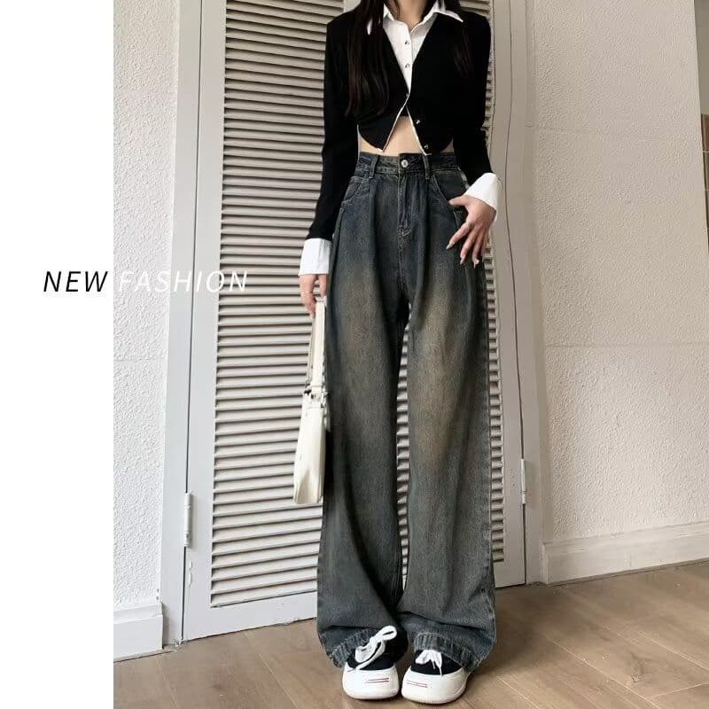 물 말 넓은 다리 청바지 여성 봄 가을 2026 년 이른 가을 새로운 작은 키 루즈핏 레트로 하이웨이스트 스트레이트 팬츠 이미지 2
