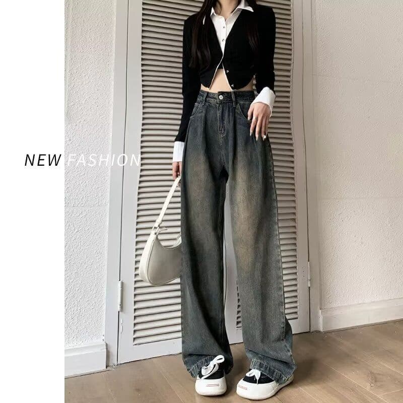 물 말 넓은 다리 청바지 여성 봄 가을 2026 년 이른 가을 새로운 작은 키 루즈핏 레트로 하이웨이스트 스트레이트 팬츠 상세 이미지 4