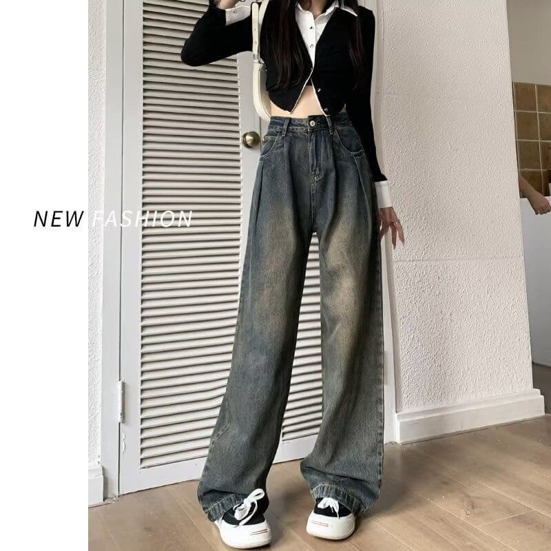 물 말 넓은 다리 청바지 여성 봄 가을 2026 년 이른 가을 새로운 작은 키 루즈핏 레트로 하이웨이스트 스트레이트 팬츠 상세 이미지 5