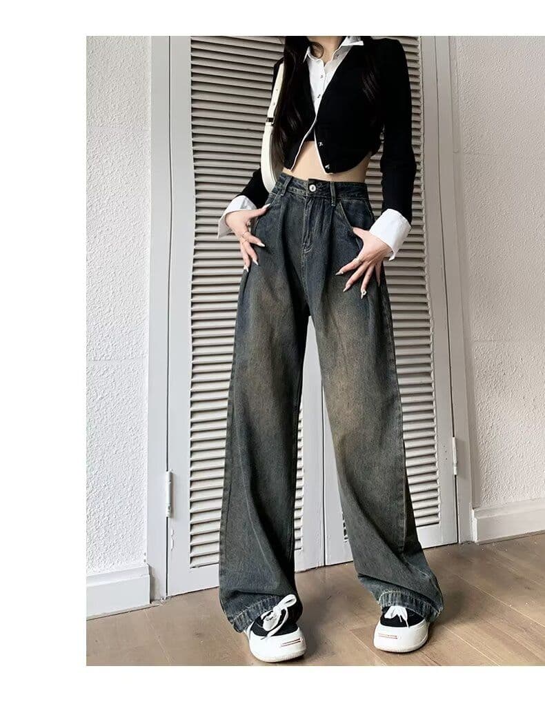 물 말 넓은 다리 청바지 여성 봄 가을 2026 년 이른 가을 새로운 작은 키 루즈핏 레트로 하이웨이스트 스트레이트 팬츠 상세 이미지 13