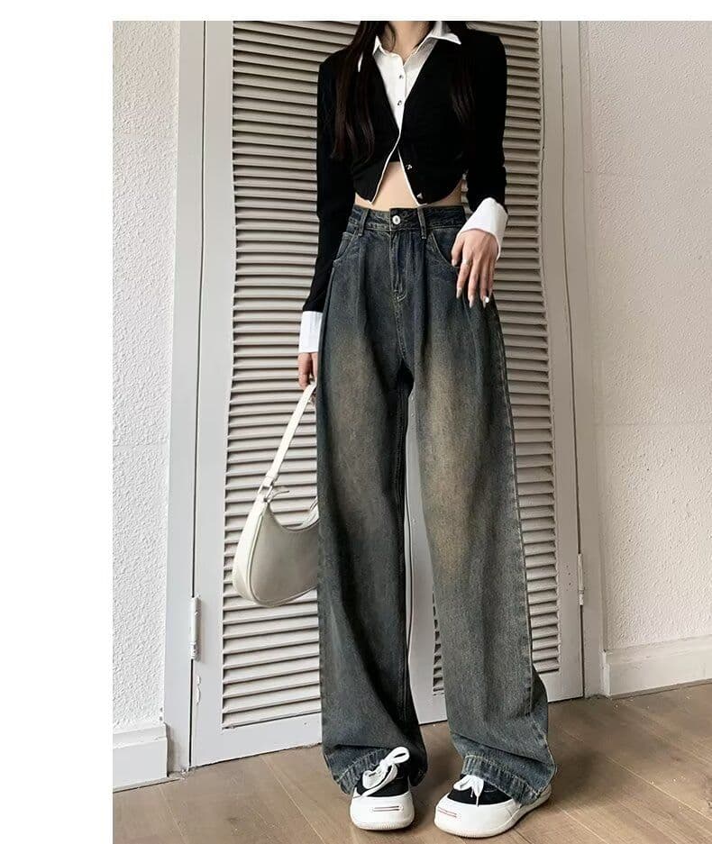 물 말 넓은 다리 청바지 여성 봄 가을 2026 년 이른 가을 새로운 작은 키 루즈핏 레트로 하이웨이스트 스트레이트 팬츠 상세 이미지 14