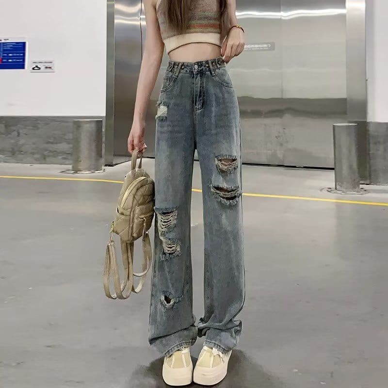 찢어진 부분 와이드 레깅스 바지 2026 새로운 가을 데님 작은 키 바지 디스플레이 높음 가을 얇은 스타일 스트레이트 청바지