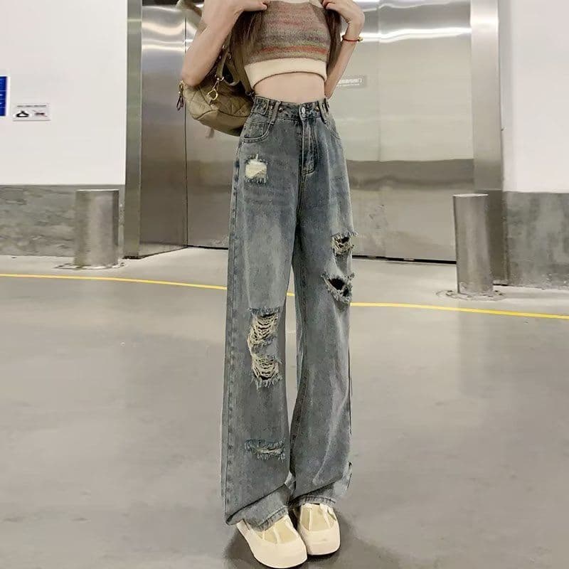 찢어진 부분 와이드 레깅스 바지 2026 새로운 가을 데님 작은 키 바지 디스플레이 높음 가을 얇은 스타일 스트레이트 청바지 이미지 4