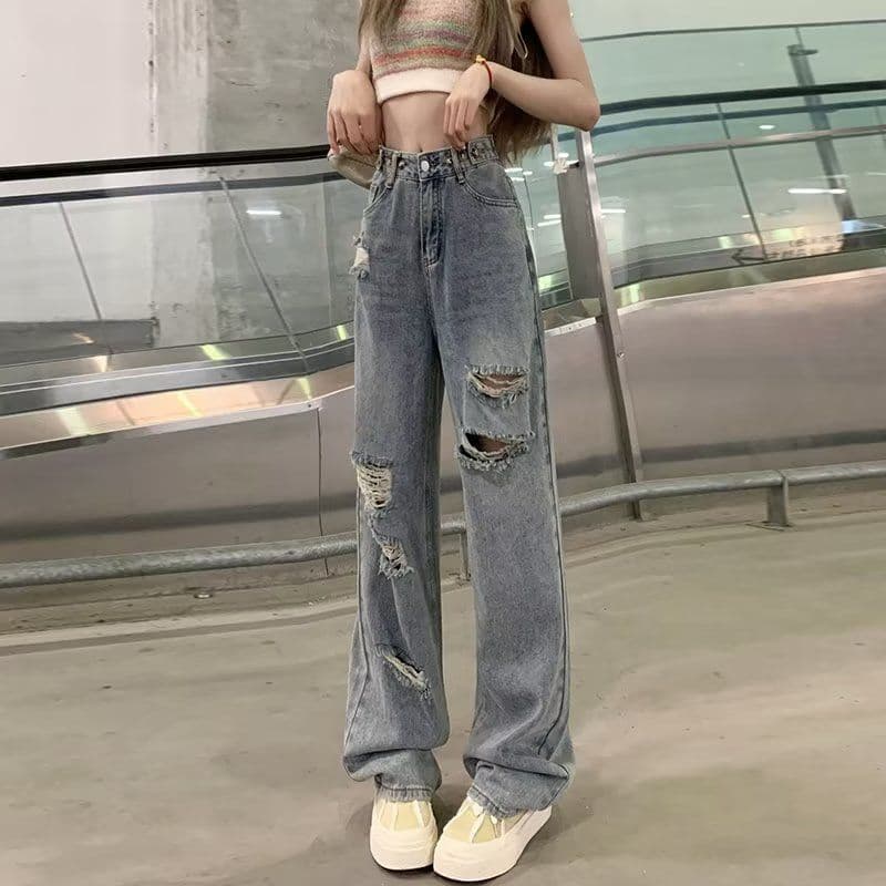 찢어진 부분 와이드 레깅스 바지 2026 새로운 가을 데님 작은 키 바지 디스플레이 높음 가을 얇은 스타일 스트레이트 청바지 이미지 2
