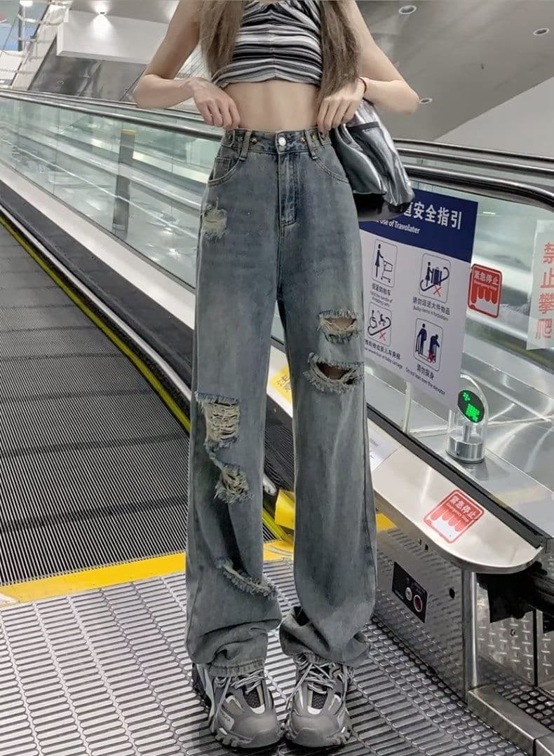 찢어진 부분 와이드 레깅스 바지 2026 새로운 가을 데님 작은 키 바지 디스플레이 높음 가을 얇은 스타일 스트레이트 청바지 상세 이미지 9