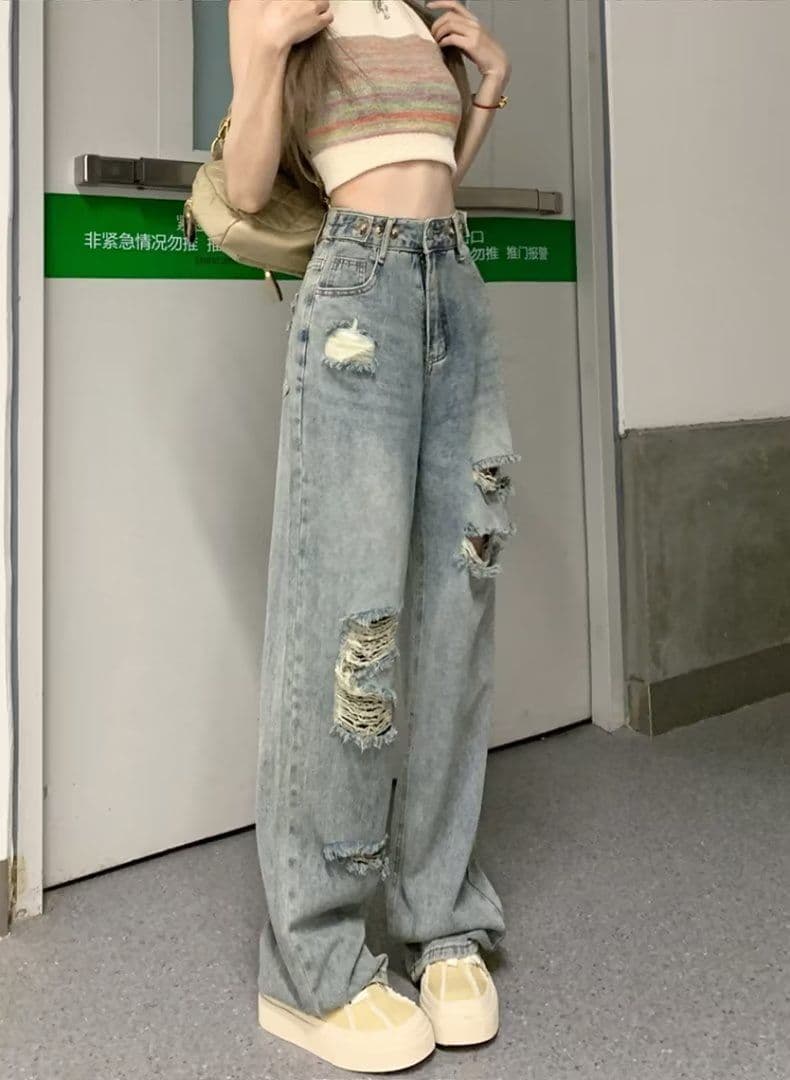 찢어진 부분 와이드 레깅스 바지 2026 새로운 가을 데님 작은 키 바지 디스플레이 높음 가을 얇은 스타일 스트레이트 청바지 상세 이미지 10