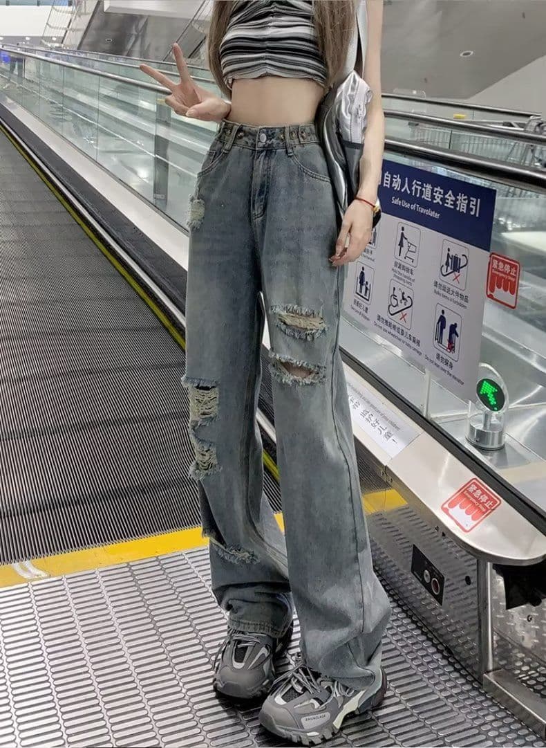 찢어진 부분 와이드 레깅스 바지 2026 새로운 가을 데님 작은 키 바지 디스플레이 높음 가을 얇은 스타일 스트레이트 청바지 상세 이미지 11