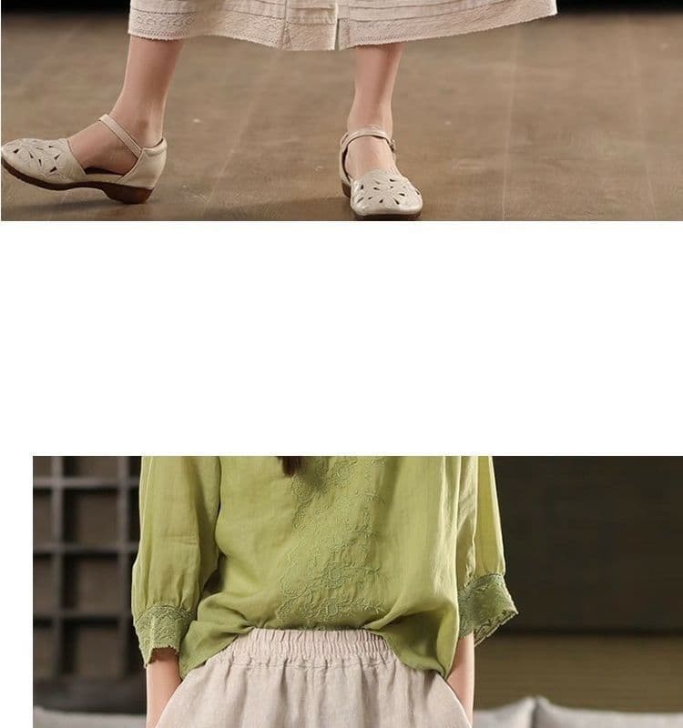 여름 새로운 레이스 레이스 면 린넨 넓은 다리 7부 바지 여성 문예 레트로 하이웨이스트 슬림해 보이는 캐주얼 스트레이트 팬츠 상세 이미지 8