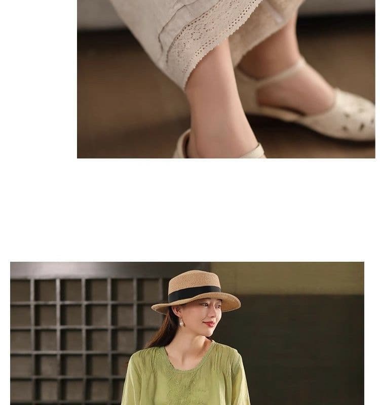 여름 새로운 레이스 레이스 면 린넨 넓은 다리 7부 바지 여성 문예 레트로 하이웨이스트 슬림해 보이는 캐주얼 스트레이트 팬츠 상세 이미지 11