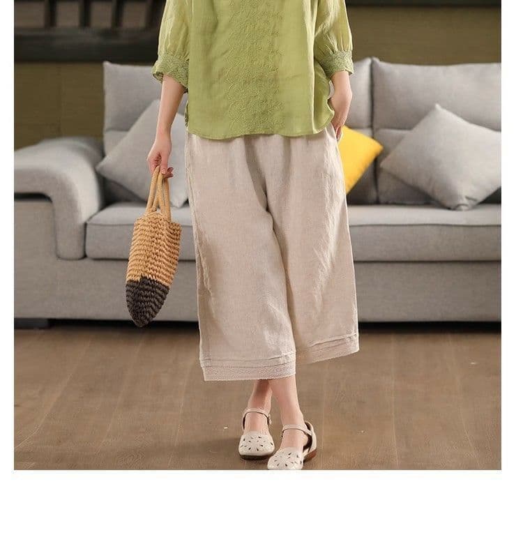 여름 새로운 레이스 레이스 면 린넨 넓은 다리 7부 바지 여성 문예 레트로 하이웨이스트 슬림해 보이는 캐주얼 스트레이트 팬츠 상세 이미지 12