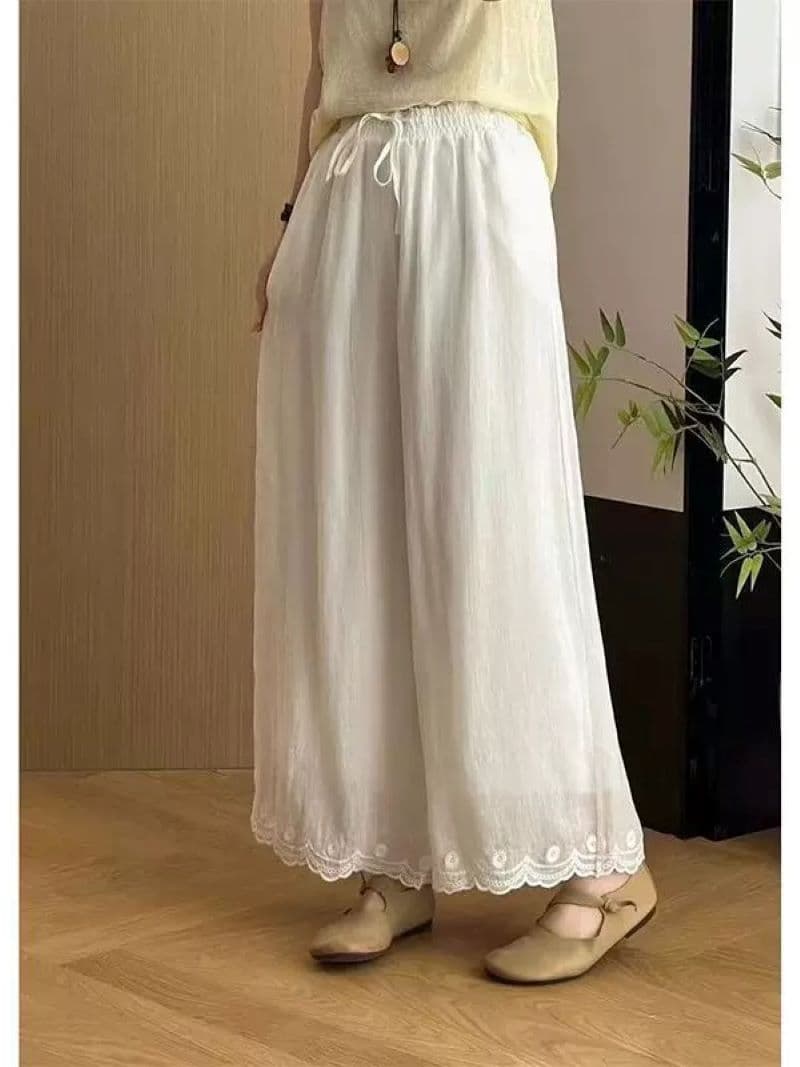 문예 레트로 단색 자수 와이드 레깅스 바지 여름 새로운 루즈핏 캐주얼 다용도 9 포인트 긴 바지 아이들 바지