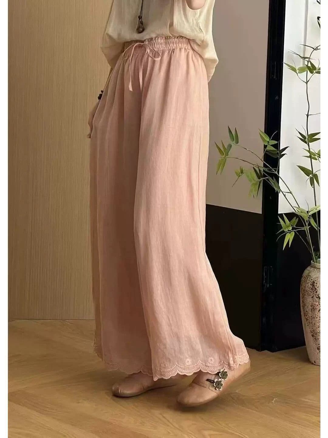 문예 레트로 단색 자수 와이드 레깅스 바지 여름 새로운 루즈핏 캐주얼 다용도 9 포인트 긴 바지 아이들 바지 상세 이미지 5