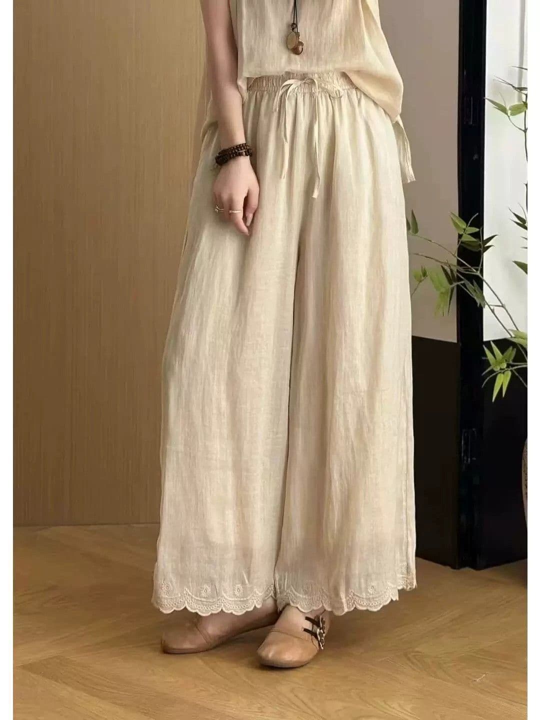 문예 레트로 단색 자수 와이드 레깅스 바지 여름 새로운 루즈핏 캐주얼 다용도 9 포인트 긴 바지 아이들 바지 상세 이미지 10