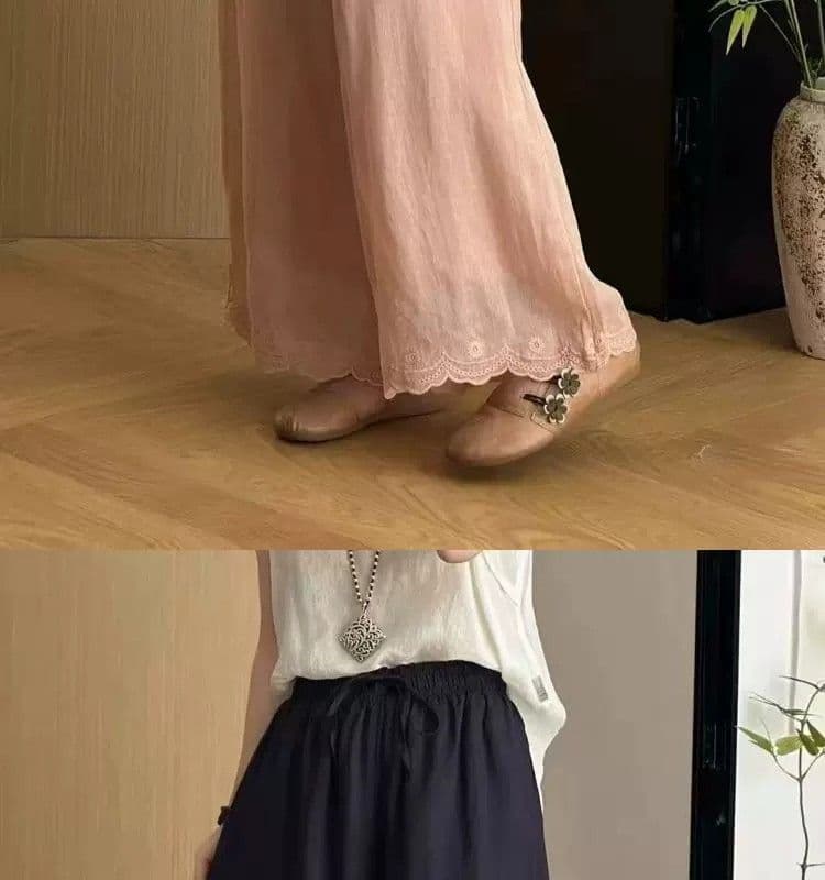 문예 레트로 단색 자수 와이드 레깅스 바지 여름 새로운 루즈핏 캐주얼 다용도 9 포인트 긴 바지 아이들 바지 상세 이미지 17