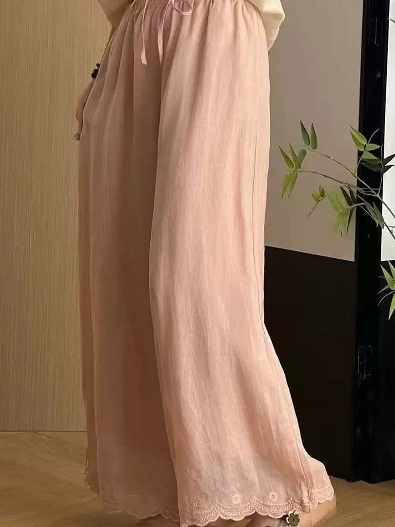 문예 레트로 단색 자수 와이드 레깅스 바지 여름 새로운 루즈핏 캐주얼 다용도 9 포인트 긴 바지 아이들 바지 상세 이미지 30