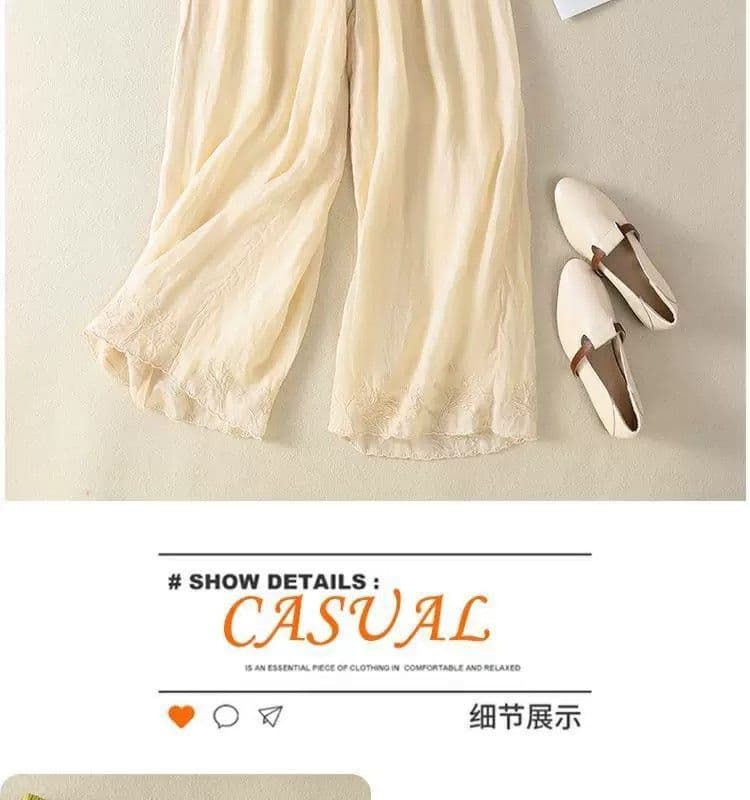 9부 바지 캐주얼 바지 여성 여름 2026 년 새로운 문예 자수 하이웨이스트 얇고 가벼운 스트레이트 팬츠 와이드 레그 팬츠 외출용 상세 이미지 11