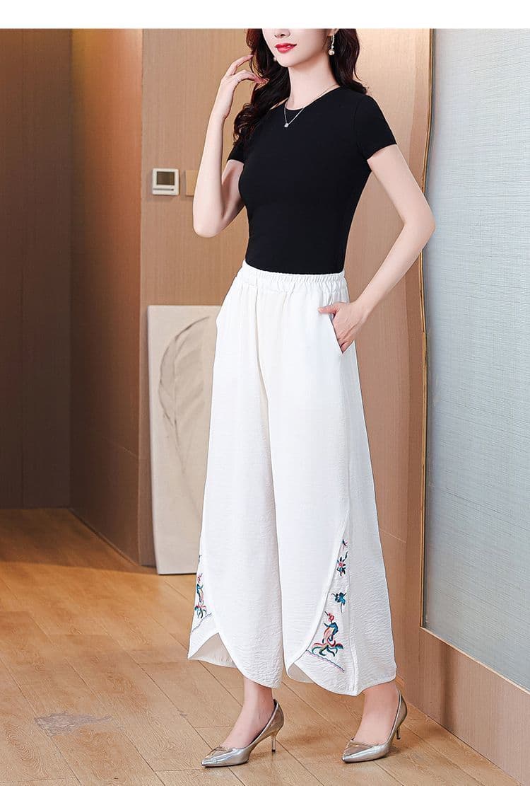 국풍 자수 자수 루즈핏 레트로 9부 바지 2026 봄 여름 새로운 하이웨이스트 루즈핏 슬림해 보이는 와이드 레깅스 바지 상세 이미지 20