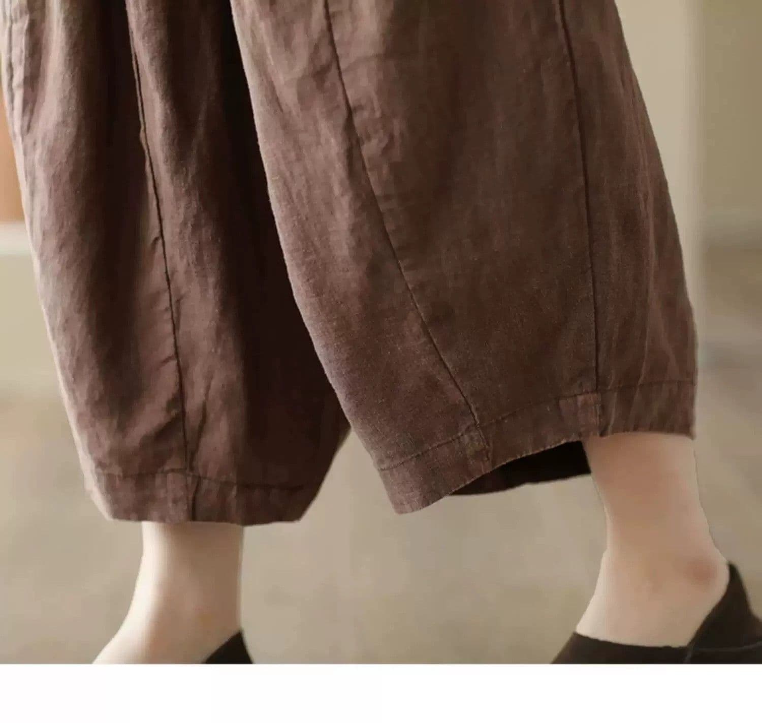 모래 워시 아마 넓은 다리 배기 바지 여성 가을 얇은 스타일 허리밴드 빅 사이즈 루즈핏 캐주얼 9 포인트 면 린넨 상세 이미지 5