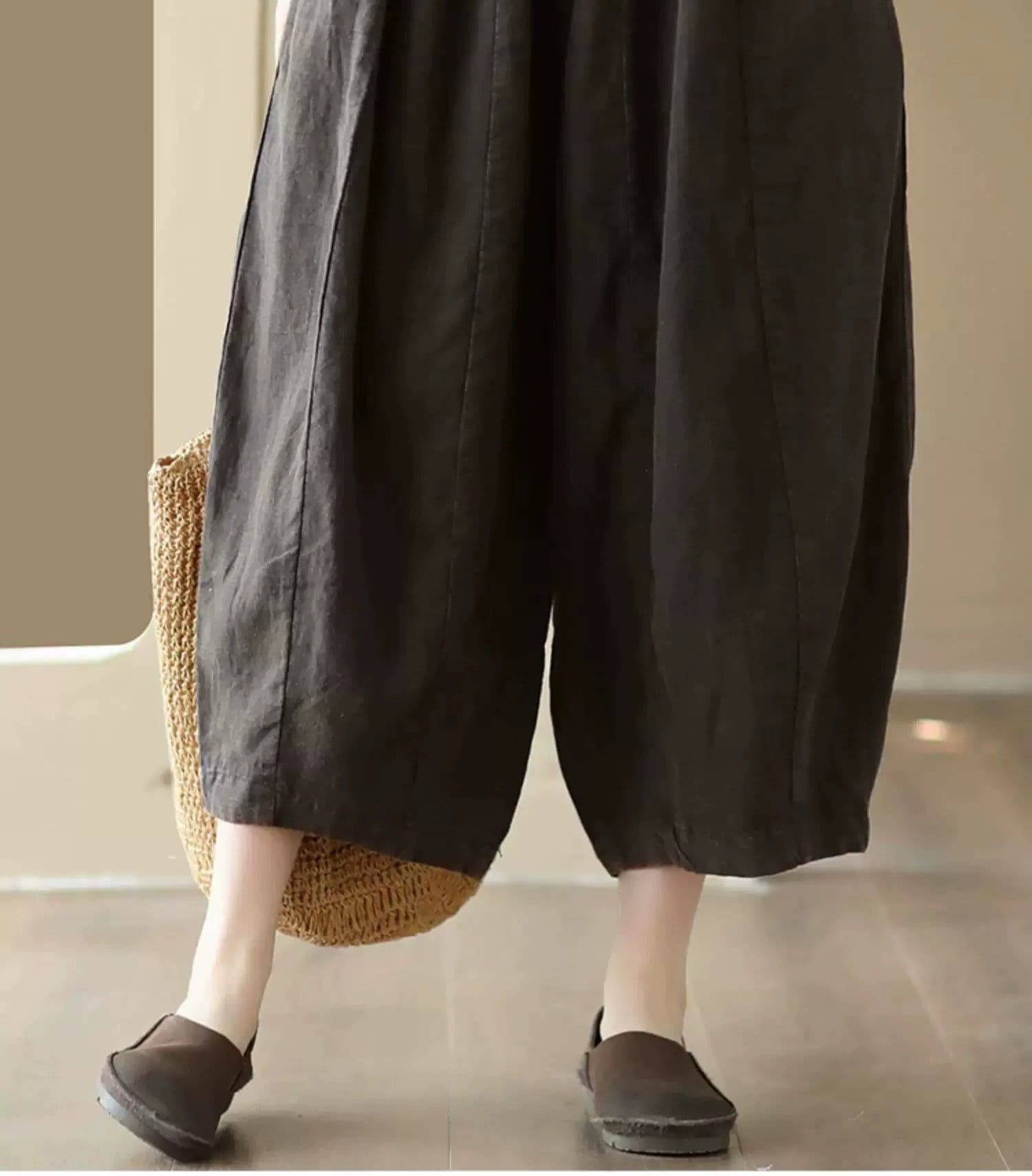 모래 워시 아마 넓은 다리 배기 바지 여성 가을 얇은 스타일 허리밴드 빅 사이즈 루즈핏 캐주얼 9 포인트 면 린넨 상세 이미지 24