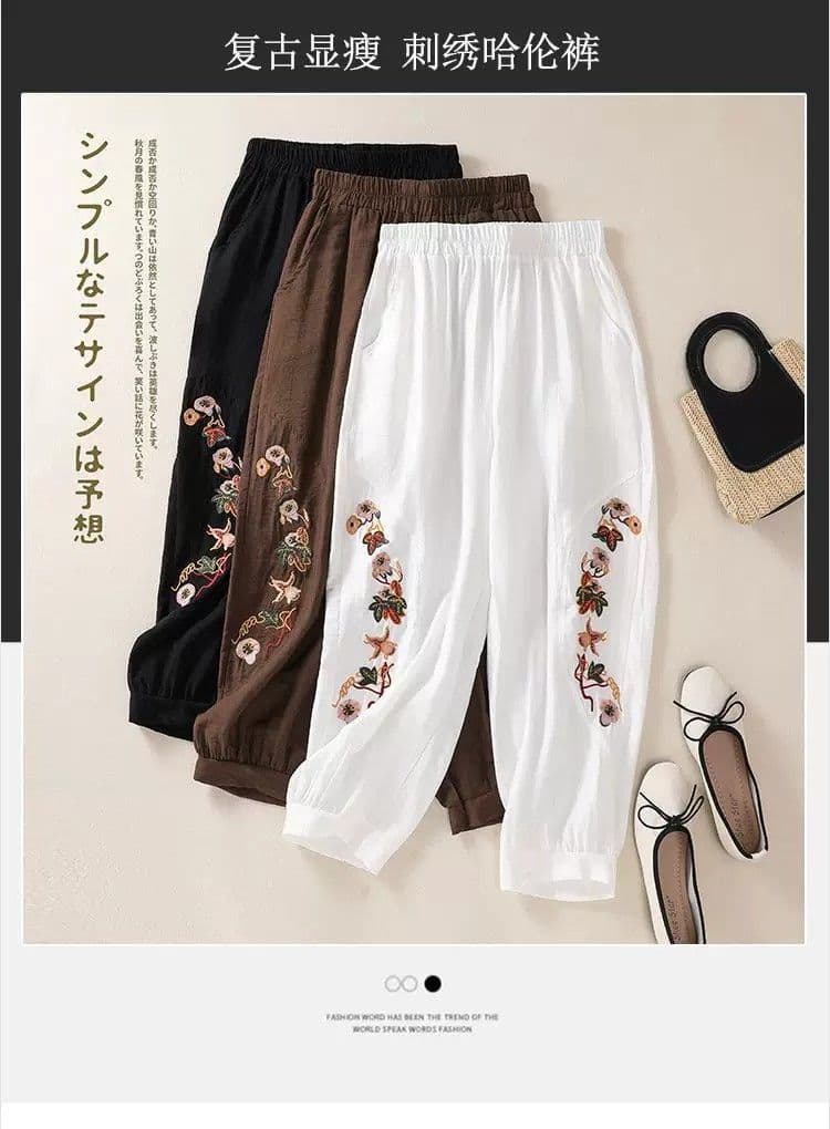 가을 레트로 민족 스타일 자수 배기 바지 여성 루즈핏 편안함 젠 면 린넨 조거 바지 캐주얼 바지 9부 바지 상세 이미지 3