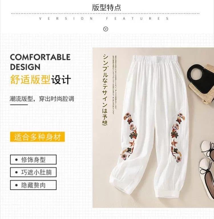 가을 레트로 민족 스타일 자수 배기 바지 여성 루즈핏 편안함 젠 면 린넨 조거 바지 캐주얼 바지 9부 바지 상세 이미지 5