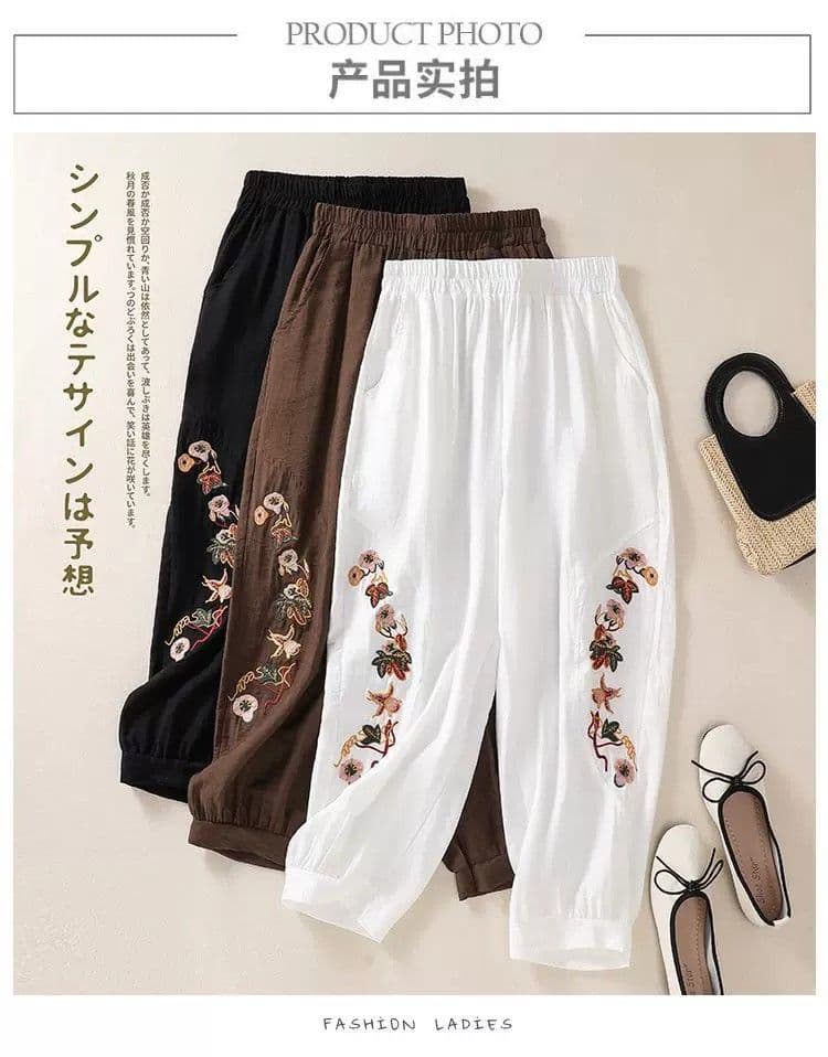 가을 레트로 민족 스타일 자수 배기 바지 여성 루즈핏 편안함 젠 면 린넨 조거 바지 캐주얼 바지 9부 바지 상세 이미지 8