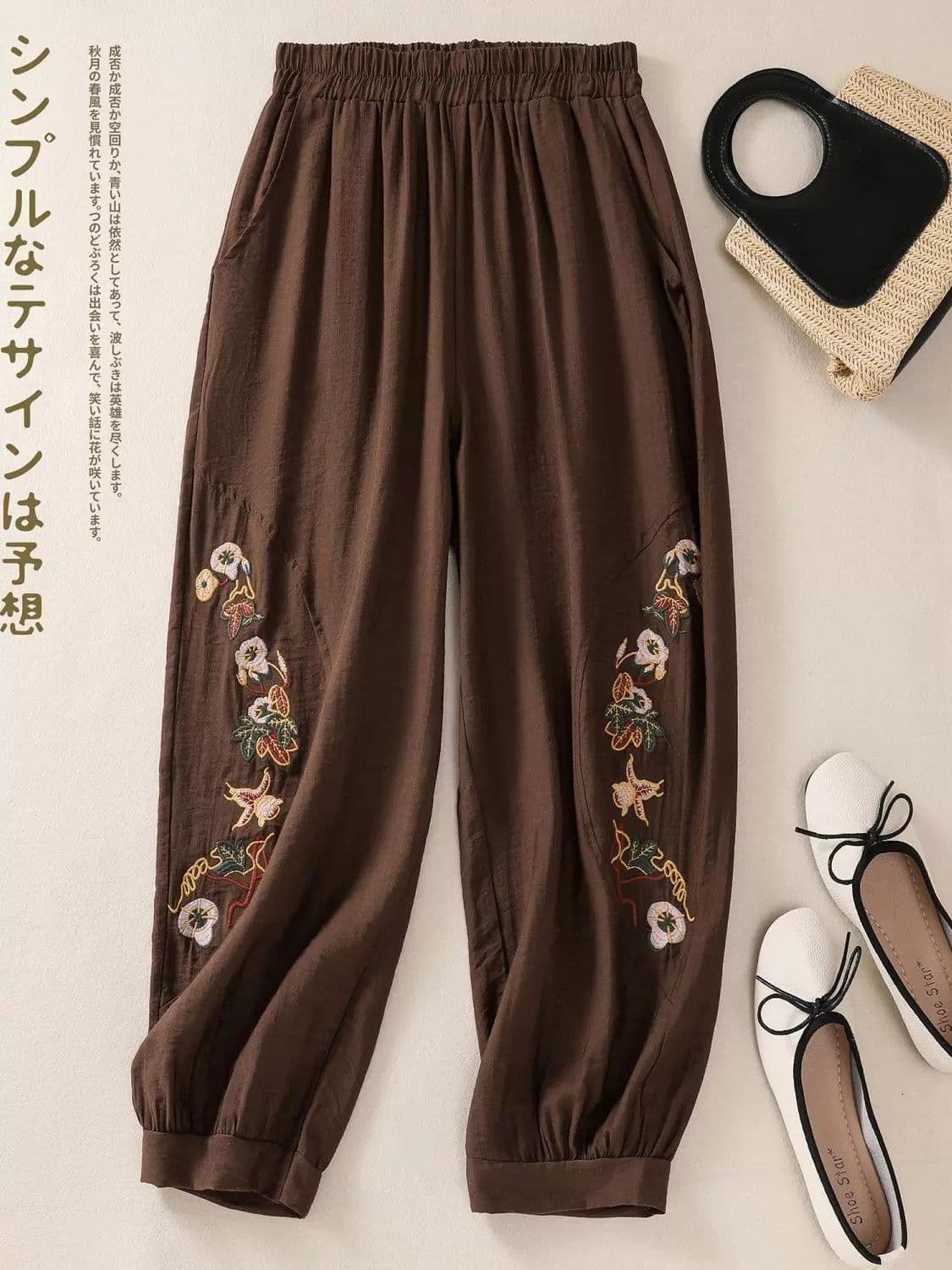 가을 레트로 민족 스타일 자수 배기 바지 여성 루즈핏 편안함 젠 면 린넨 조거 바지 캐주얼 바지 9부 바지 상세 이미지 17