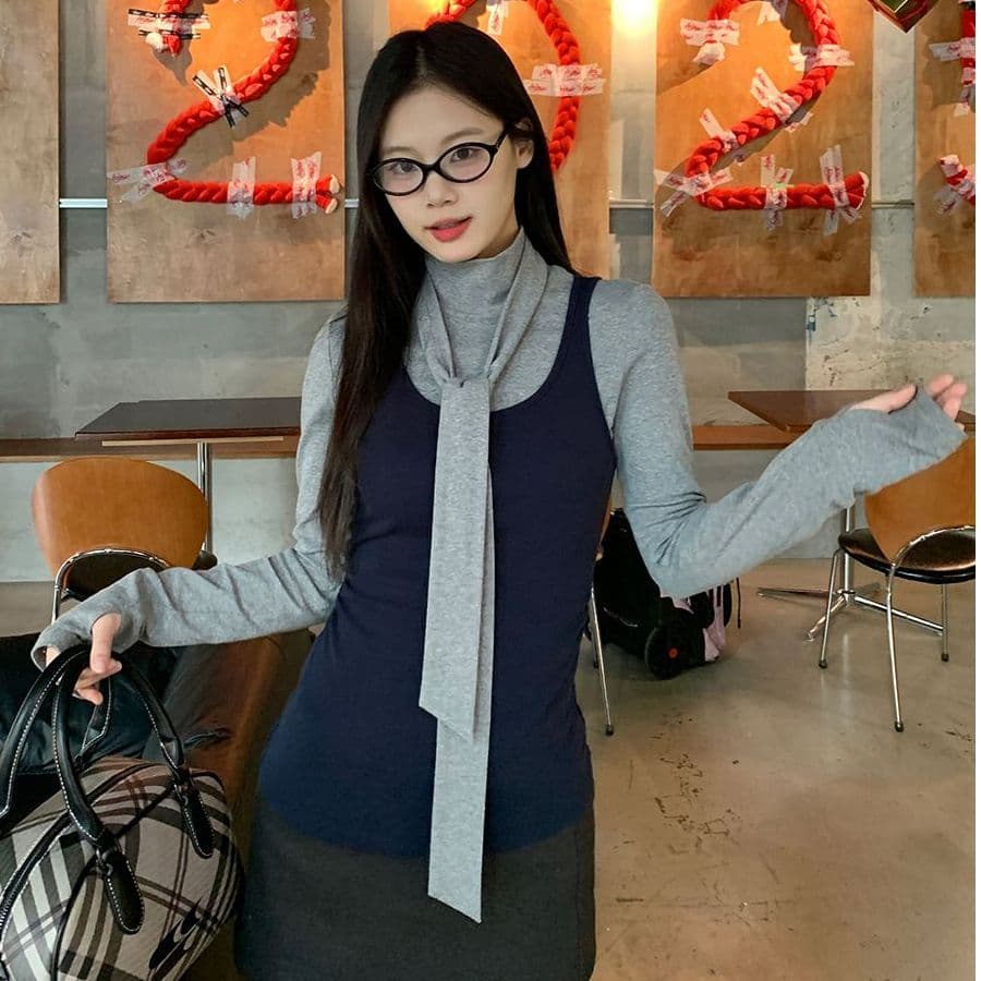 한 부서 회색 터틀넥 긴팔 티셔츠 여성 가을 겨울철 인사이드 가져 가라. 몸매 가꾸기 기본 셔츠 맨위 조끼 스택 착용 투피스 세트