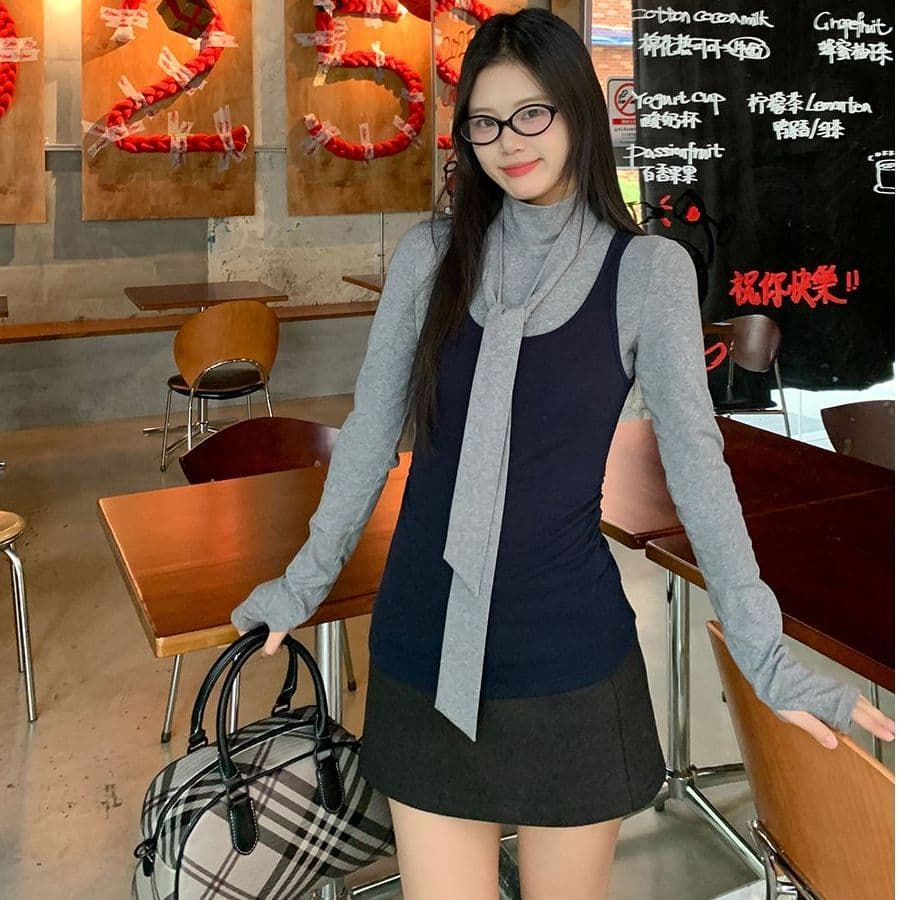 한 부서 회색 터틀넥 긴팔 티셔츠 여성 가을 겨울철 인사이드 가져 가라. 몸매 가꾸기 기본 셔츠 맨위 조끼 스택 착용 투피스 세트 이미지 3