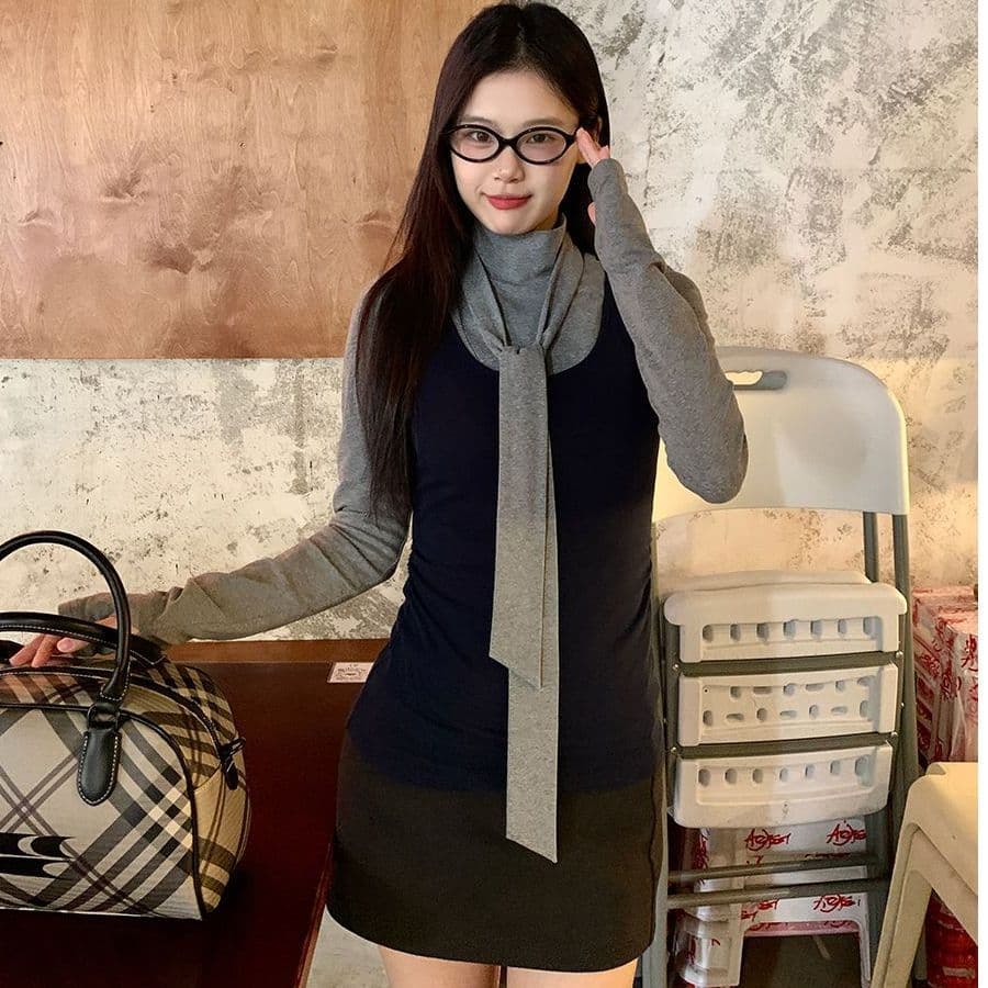한 부서 회색 터틀넥 긴팔 티셔츠 여성 가을 겨울철 인사이드 가져 가라. 몸매 가꾸기 기본 셔츠 맨위 조끼 스택 착용 투피스 세트 이미지 4