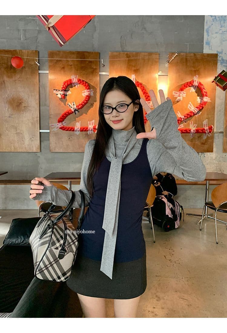 한 부서 회색 터틀넥 긴팔 티셔츠 여성 가을 겨울철 인사이드 가져 가라. 몸매 가꾸기 기본 셔츠 맨위 조끼 스택 착용 투피스 세트 상세 이미지 2