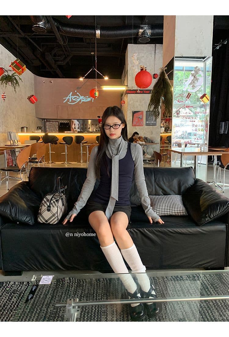 한 부서 회색 터틀넥 긴팔 티셔츠 여성 가을 겨울철 인사이드 가져 가라. 몸매 가꾸기 기본 셔츠 맨위 조끼 스택 착용 투피스 세트 상세 이미지 5